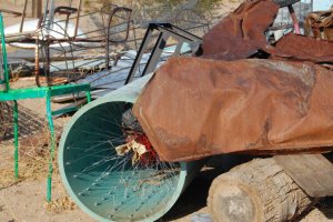 Newt's scrap pile. An artist's lode of raw material, cooking, weathering, working, under the relentless desert sun.